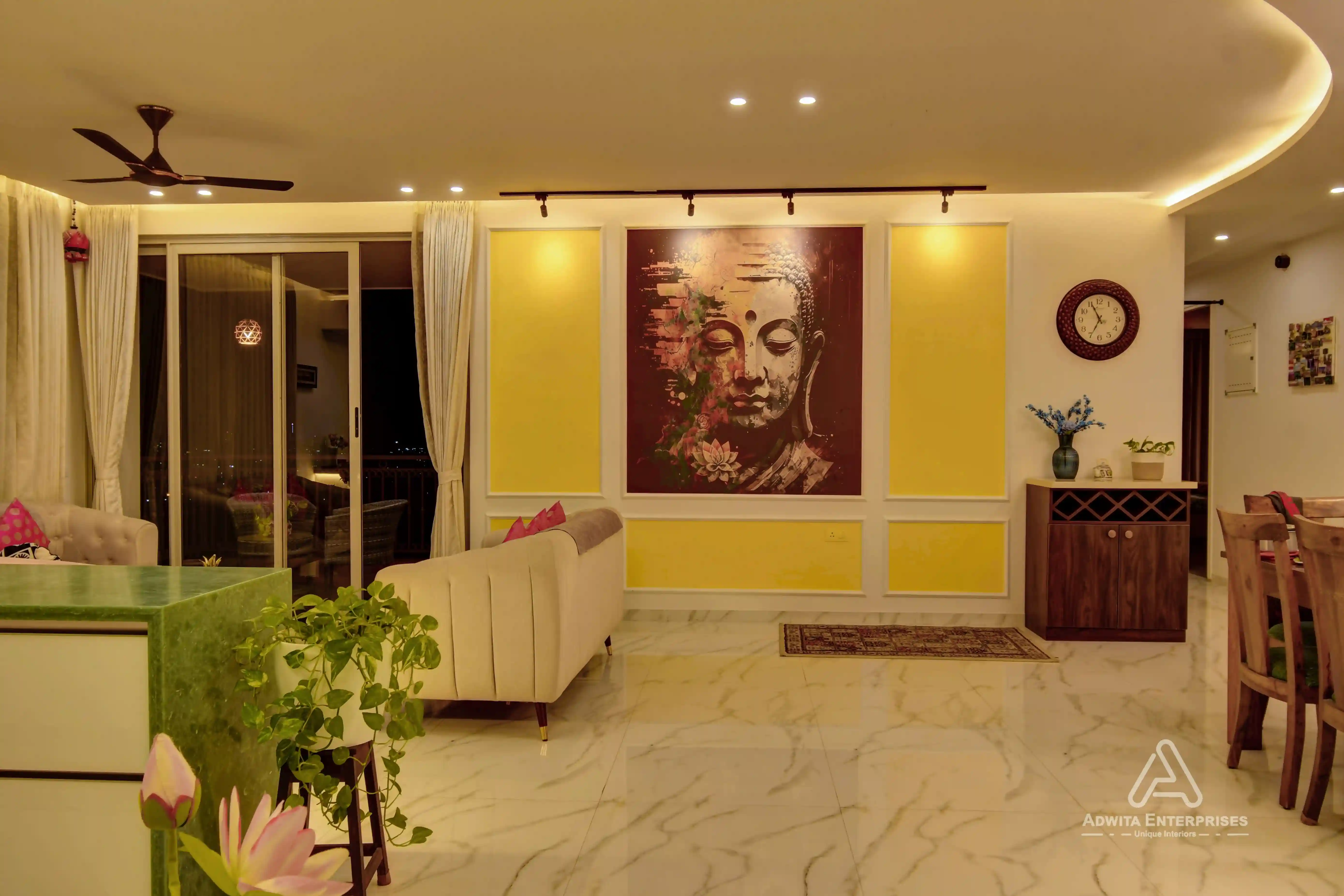 Contemporary living room with custom furniture, textured walls, and ambient lighting