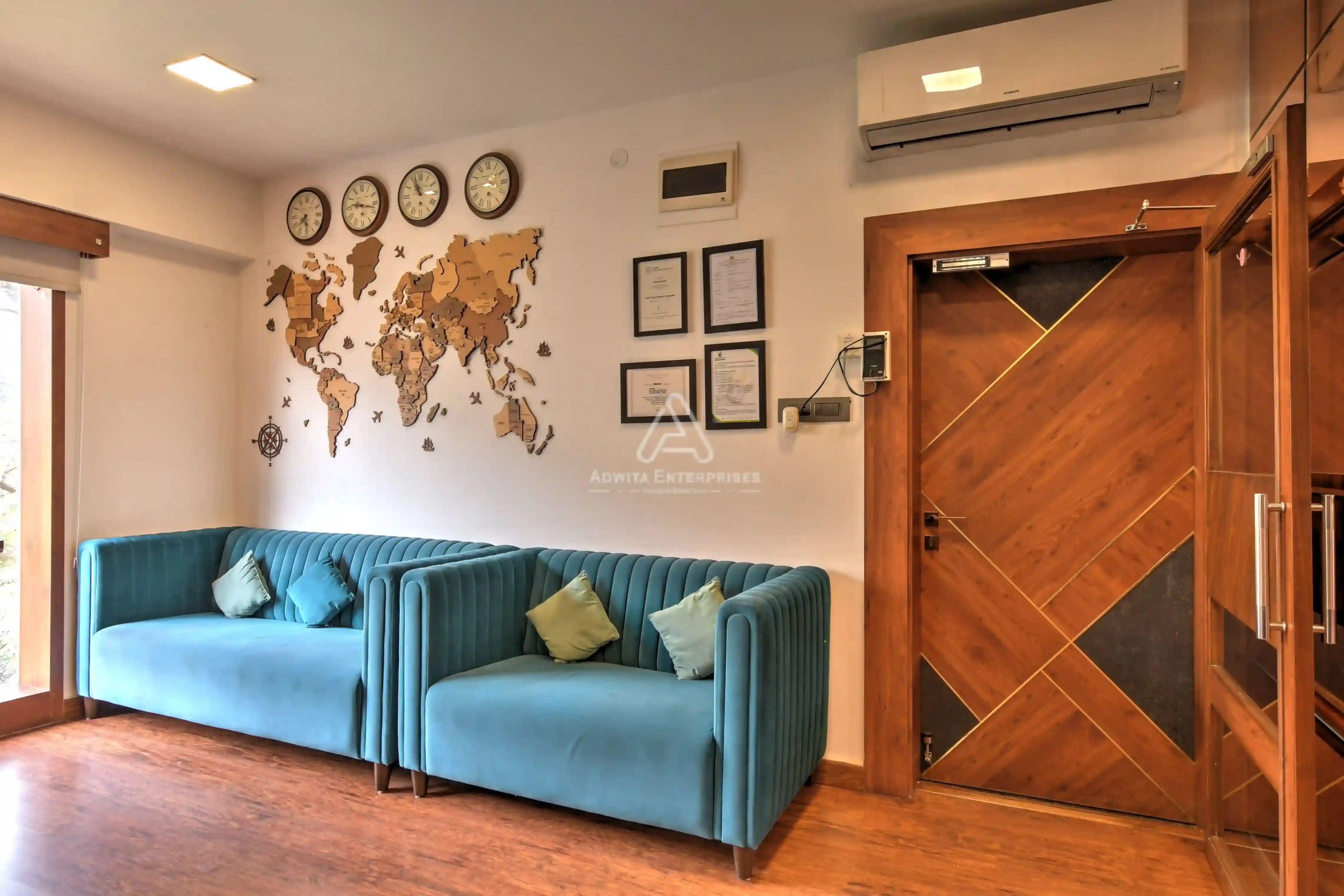 Waiting lounge featuring premium sofas and ambient lighting